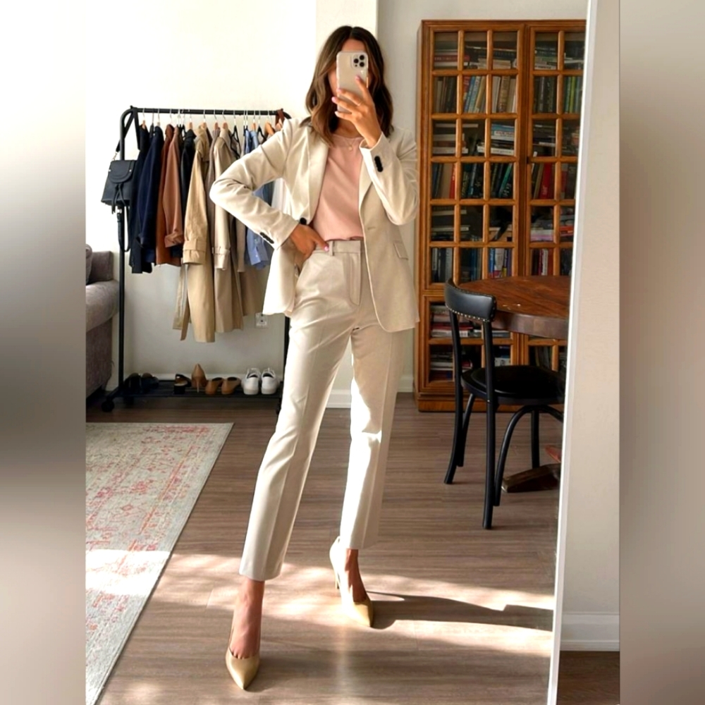 Two-piece Beige Single Breasted Blazer and Straight Dress Pant Set